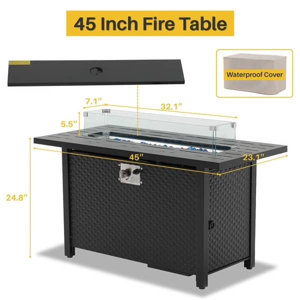 Outdoor 50000 BTU Rectangular 45” Propane Fire Pit Table with Glass Wind Guard for Patio, Deck, Backyard, Black - N/A