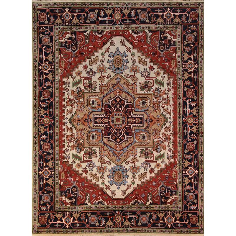 Geometric Ivory Heriz Serapi Indian Area Rug Handmade Wool Carpet - 7'9"x 10'2"