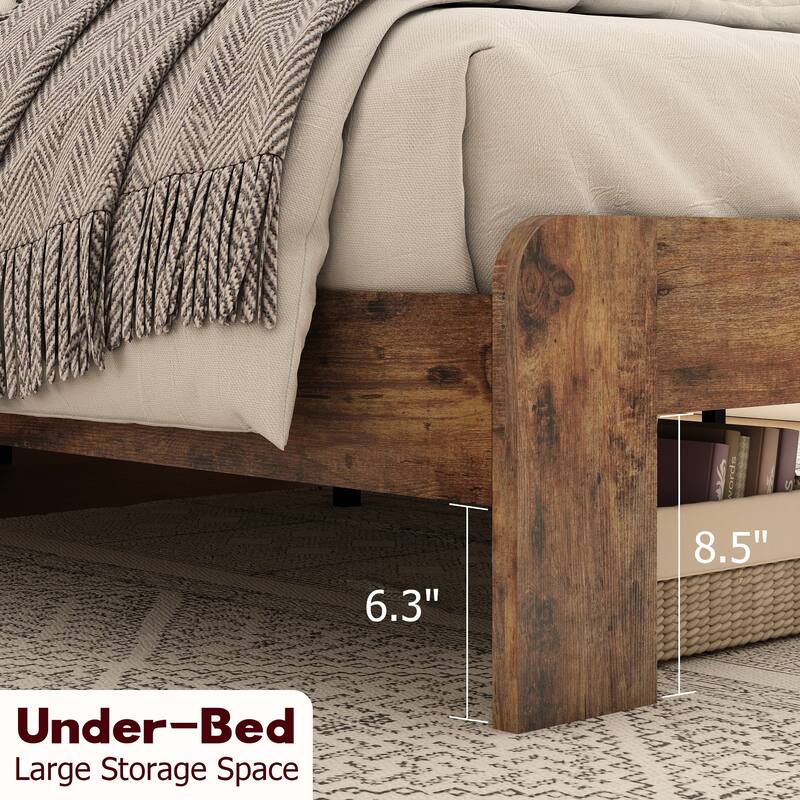 Roomfitters Full Wood Platform Bed Frame, Industrial Metal Foundation, No Box Spring Needed, Under-Bed Storage, Dark Brown