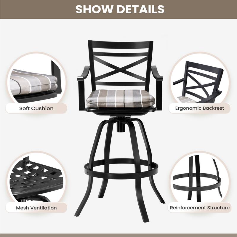 Pellebant Patio Outdoor Indoor Aluminum Swivel Bar Stools Dining Chairs with Sunbrella Cushion