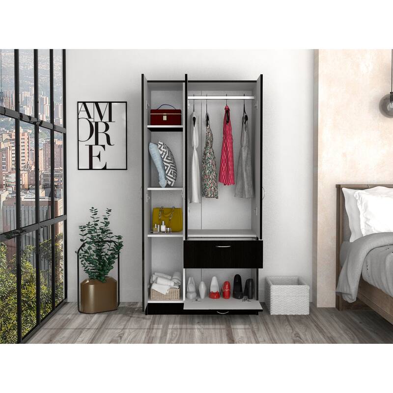 32.2" Modern Double-door Armoire with Five Shelves and One Drawer for Bedroom