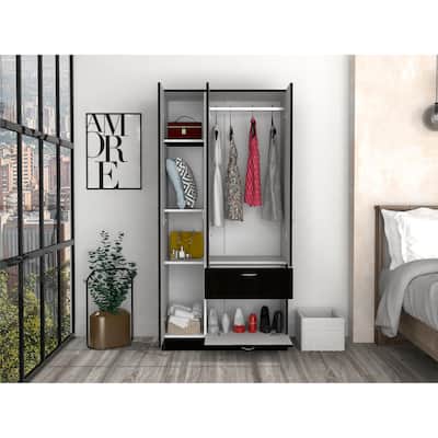 Bedroom Rectangle Armoire Cabinets w/Drawer and Shelves & Metal Rod