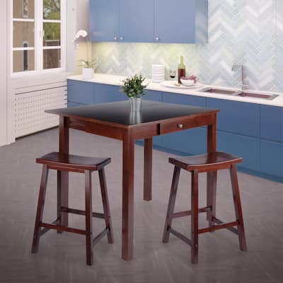 3 Piece Wood Dining Set with Drop Leaf Table and Saddle Seat Stools - 40 x 34.8 x 34.06 inches