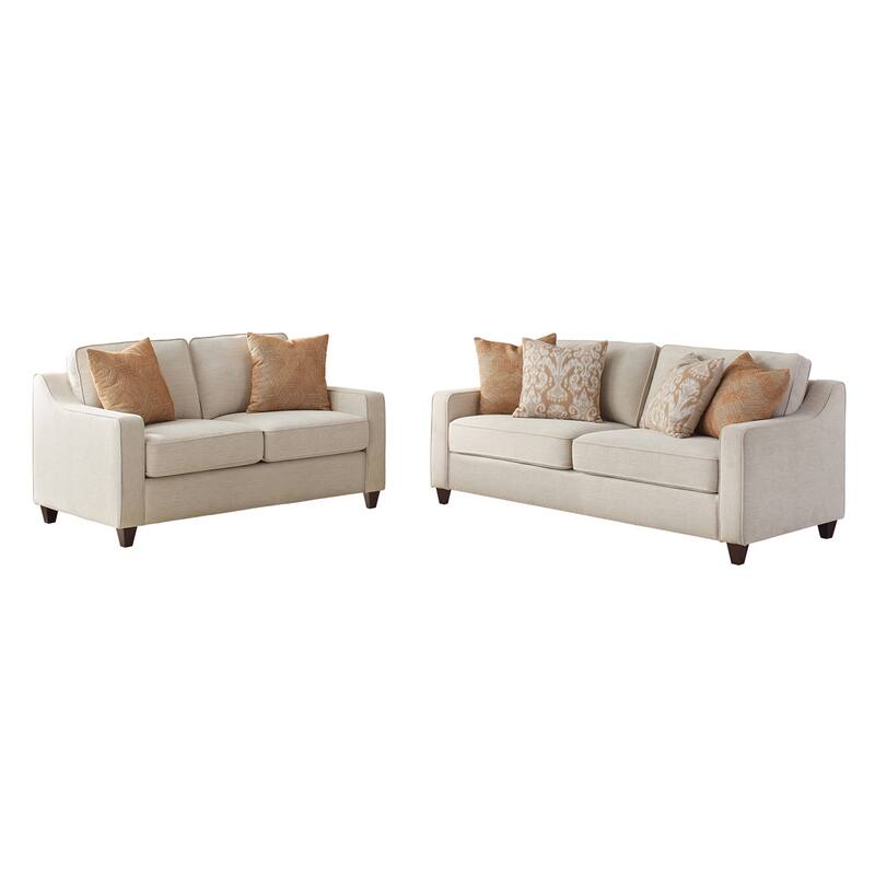 Fabric Upholstered Sofa Set with Cushion Back and Wood Legs in Beige - 2 Piece