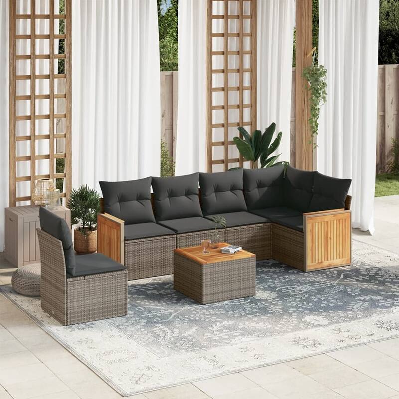 vidaXL Patio Sofa Set with Cushions Outdoor Conversation Furniture Poly Rattan - Grey-With table - 21.7 x 21.7 x 14.6