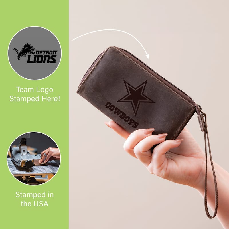 Brown Leather Cell Phone Wristlet Wallet, Detroit Lions - 4" x 7"