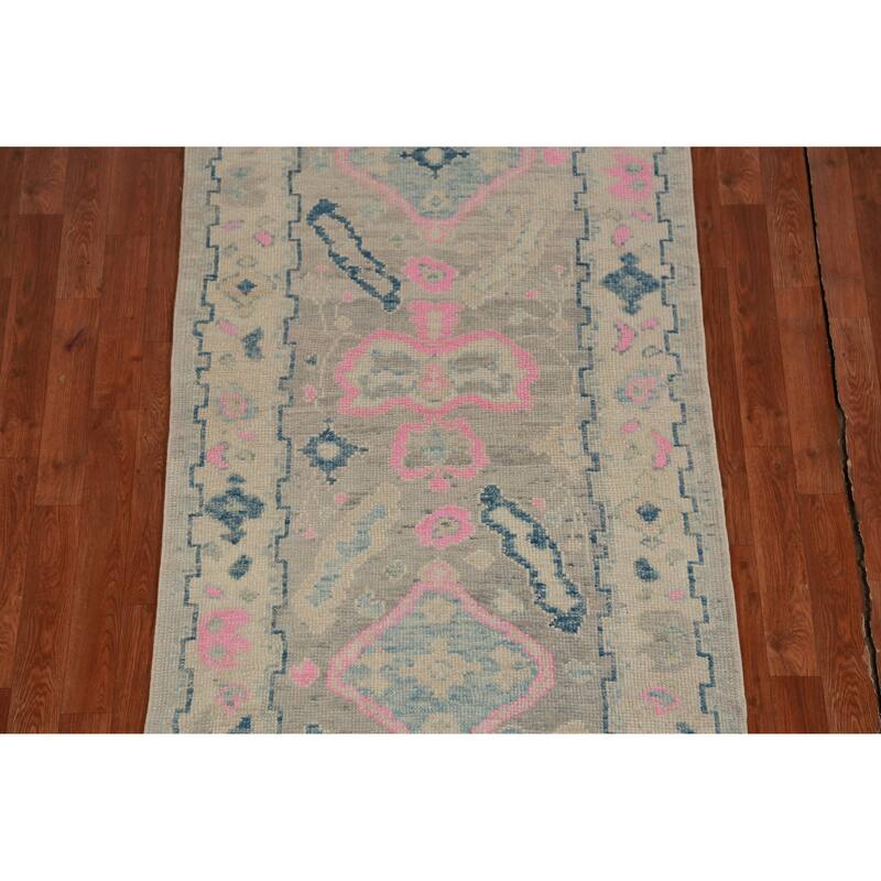 Hand Knotted Oriental 100% Wool Carpet Transitional Geometric Greys & Charcoal Oushak Runner Rug - 10' 0'' X 3' 3''