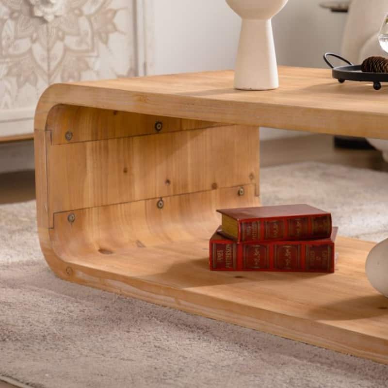 GDFStudio - Modern Curved Open-Frame Coffee Table with Light Wood Finish and Open Storage Shelf