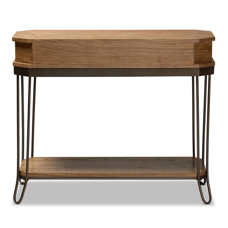 Kellyn Oak Brown Wood and Black Metal 3-Drawer Console Table