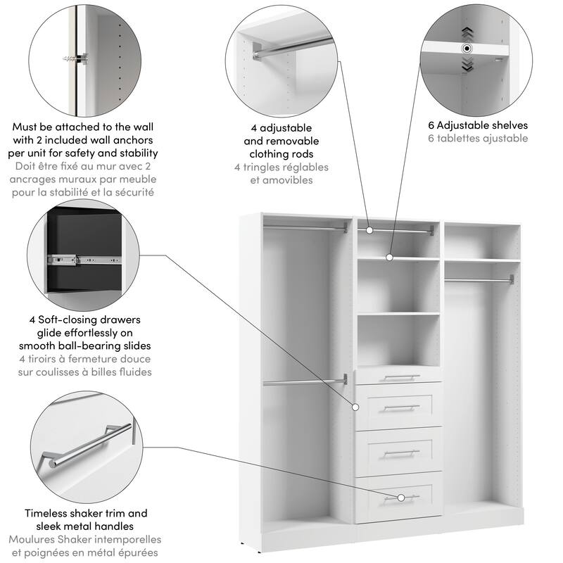 Bestar Florence 75W x 16D Closet System with Rods, Drawers, Shaker