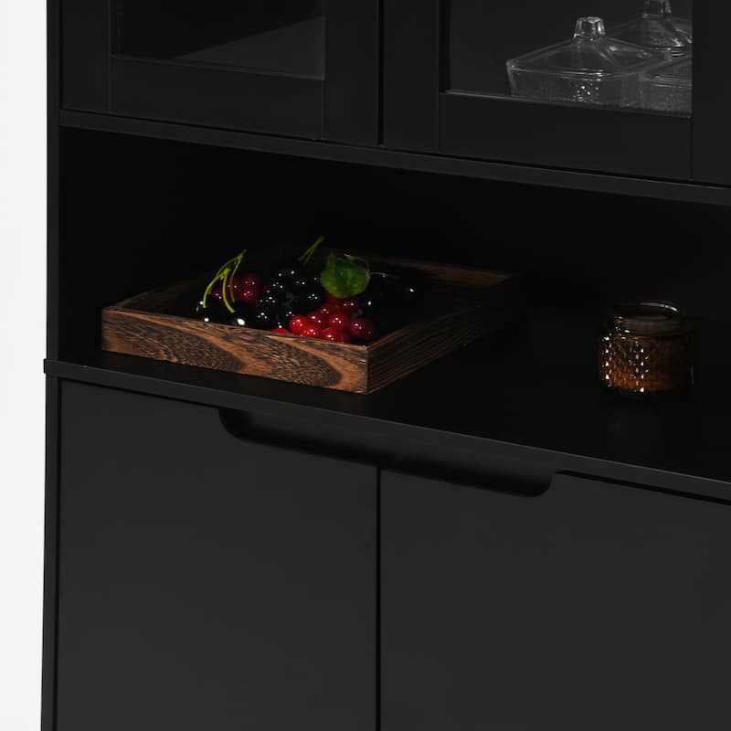 Tall Storage Show Cabinet with 2 Glass Display Door & 2 Doors, Tall Kitchen Pantry Cabinet with Gold Handles