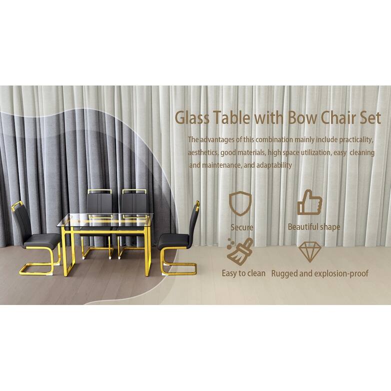 5-Piece Glass Dining Table Set with Gold Metal Legs and 4 PU Upholstered Chairs