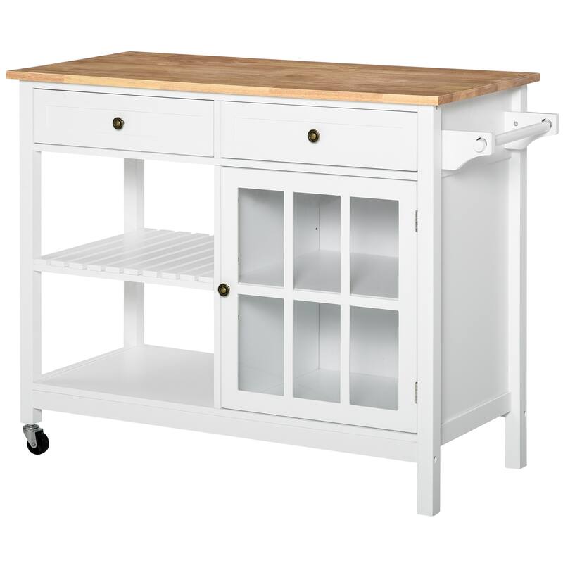 HOMCOM Kitchen Island Utility Storage Cart with Rubber Wood Top, Towel Rack, 2 Cabinets & Drawers for Dining Room