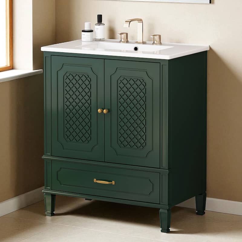 30'' Bathroom Vanity with Ceramic Sink, Solid Wood Frame, Storage Cabinet with Drawer, Door Shelf & Soft-Close Doors - Green