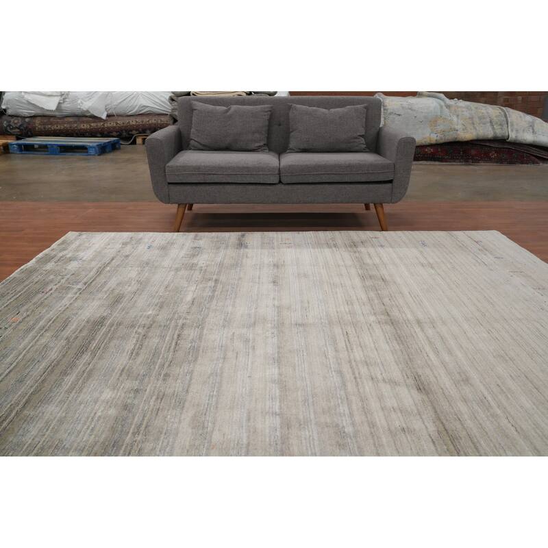 Hand Knotted Oriental Viscose Silk Carpet Tribal Animal Pictorial Beige & Ivories Gabbeh Area Rug - 9' 1'' X 9' 4''