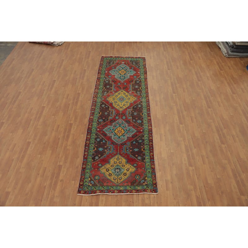 Hand Knotted Oriental 100% Wool Carpet Traditional Geometric Red Tabriz Runner Rug - 13' 11'' X 4' 1''