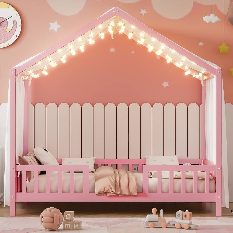 Montessori Toddler Bed Kids House Bed with Airy Canopy, Wood Bed Frame Bed Tent with 4 Full Guardrails, No Box Spring Needed