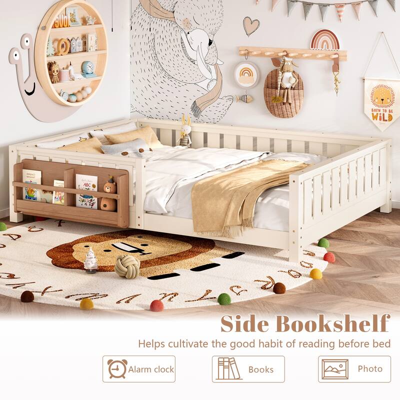 Montessori Floor Bed Low Profile Kids Bed with Rails & Bookshelf