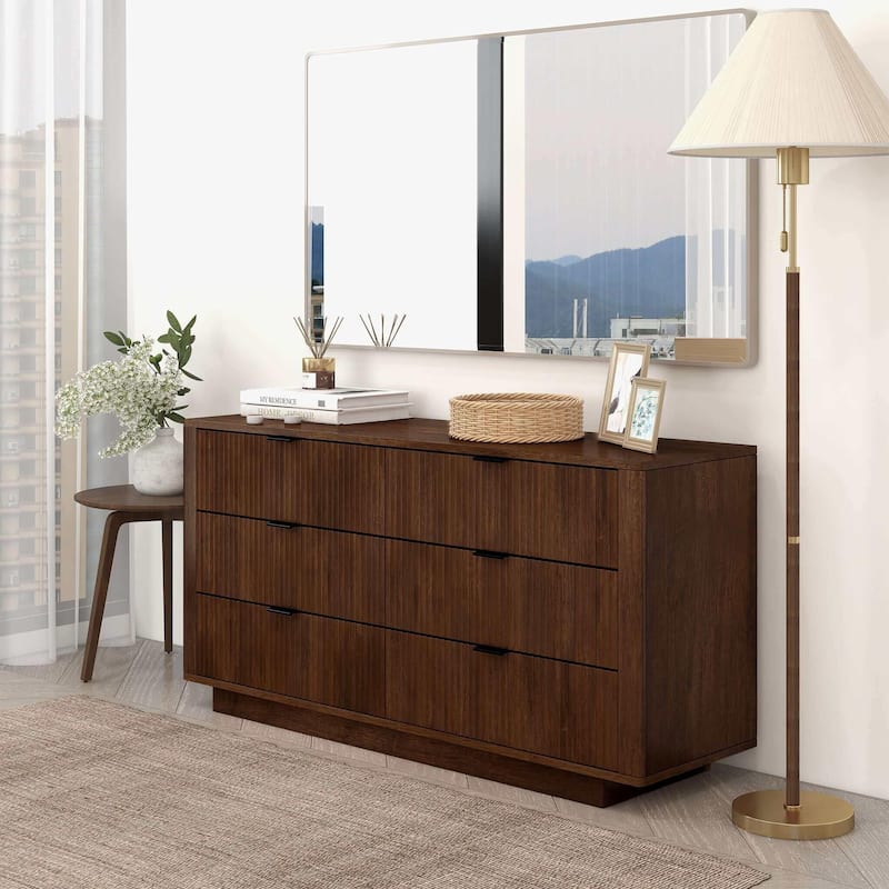 6 Drawer Dresser with Fluted Panel, Curved Clothing Organizer, Multi-functiona Wooden Cabinet Table for Living Room, Hallway