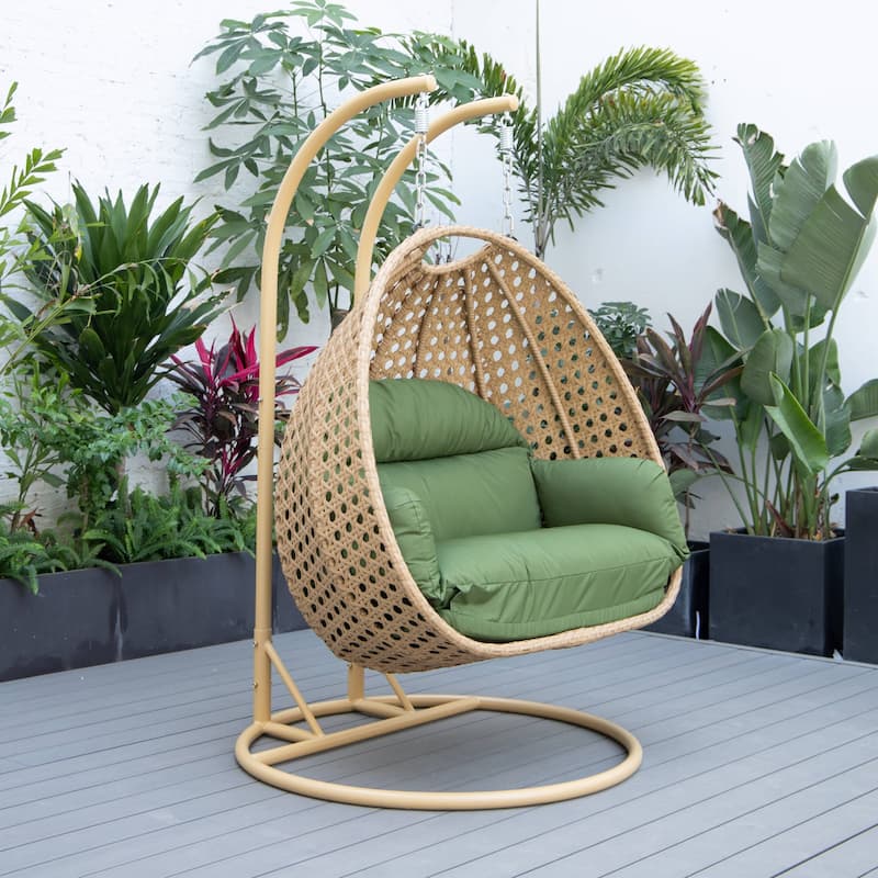 LeisureMod Mendoza 2-Person Hanging Egg Swing Chair - Handcrafted Light Brown Wicker, Patio Hammock Lounger with Cushions - 53"