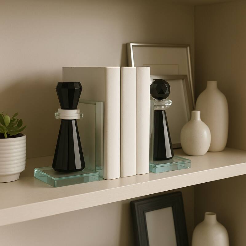 Modern Crystal Glass Chess Piece Inspired Bookends - Set of 2, 7", Clear - 7.0" - Black - 7.0"
