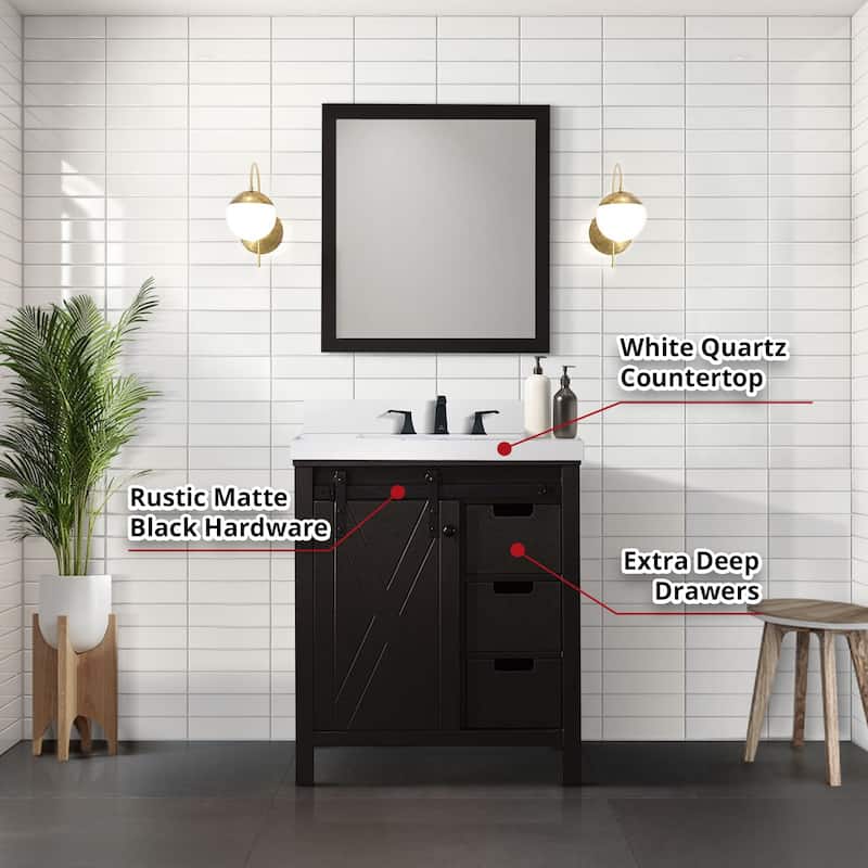 Marsyas 30 in W x 22 in D Ash Grey Bath Vanity, White Quartz Countertop and 28 in Mirror
