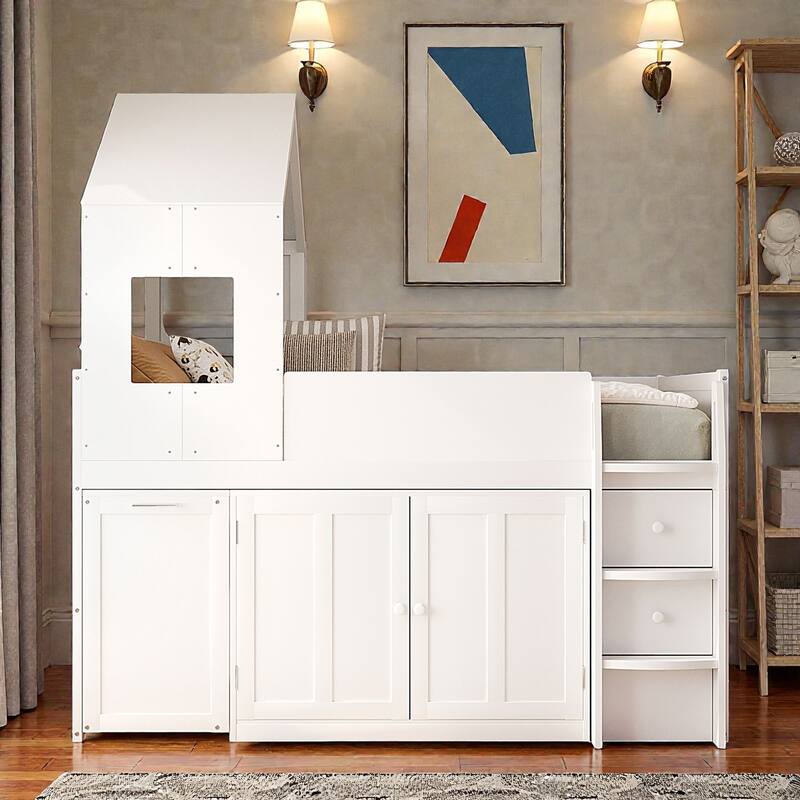Twin Wooden Loft Bed with Rolling Desk, Storage Drawers and Cabinets, House Style Kids Loft Bed with Stairs - White - Twin