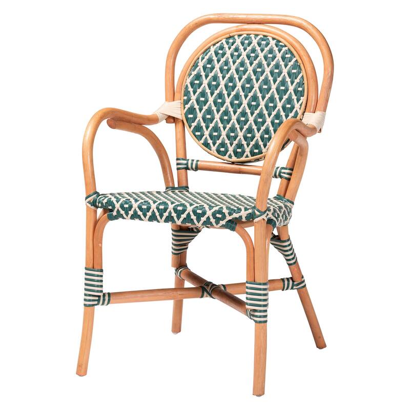 Mattie Rattan Bistro Chair - Handwoven Cafe-Style Dining Chair with Curved Arms for Kitchen or Indoor/Outdoor Lounge - Natural Brown/Green/White