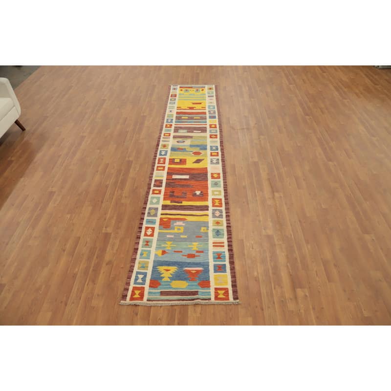 Hand Woven Oriental 100% Wool Carpet Southwestern Tribal Multi-Colored Kilim Runner Rug - 11' 8'' X 2' 6''