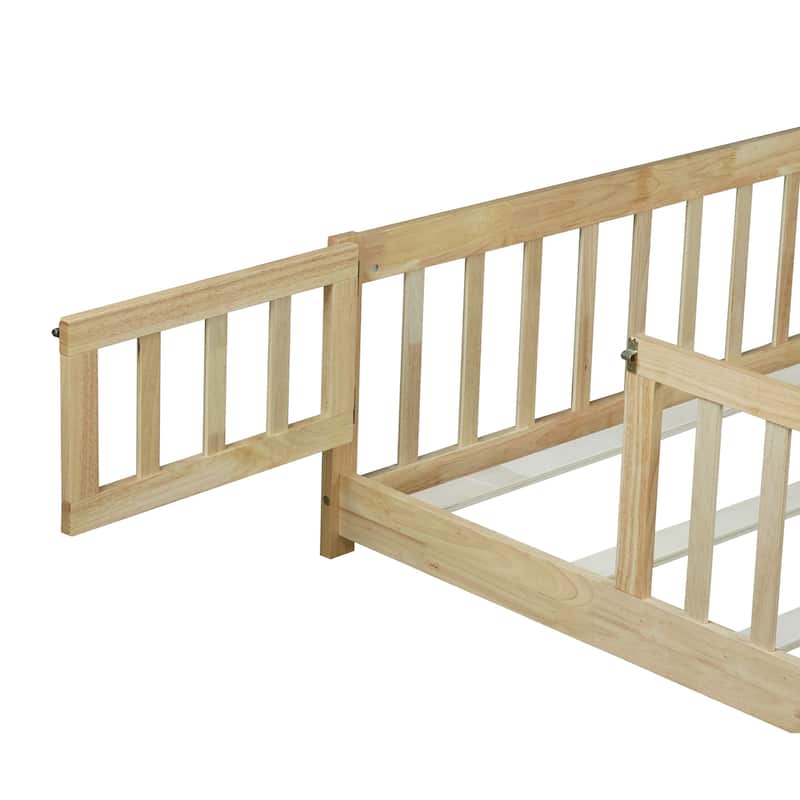 Roomfitters Twin/Full Floor Bed with Surround Fence, Rubber Wood Platform with Guardrails and Slats, Natural
