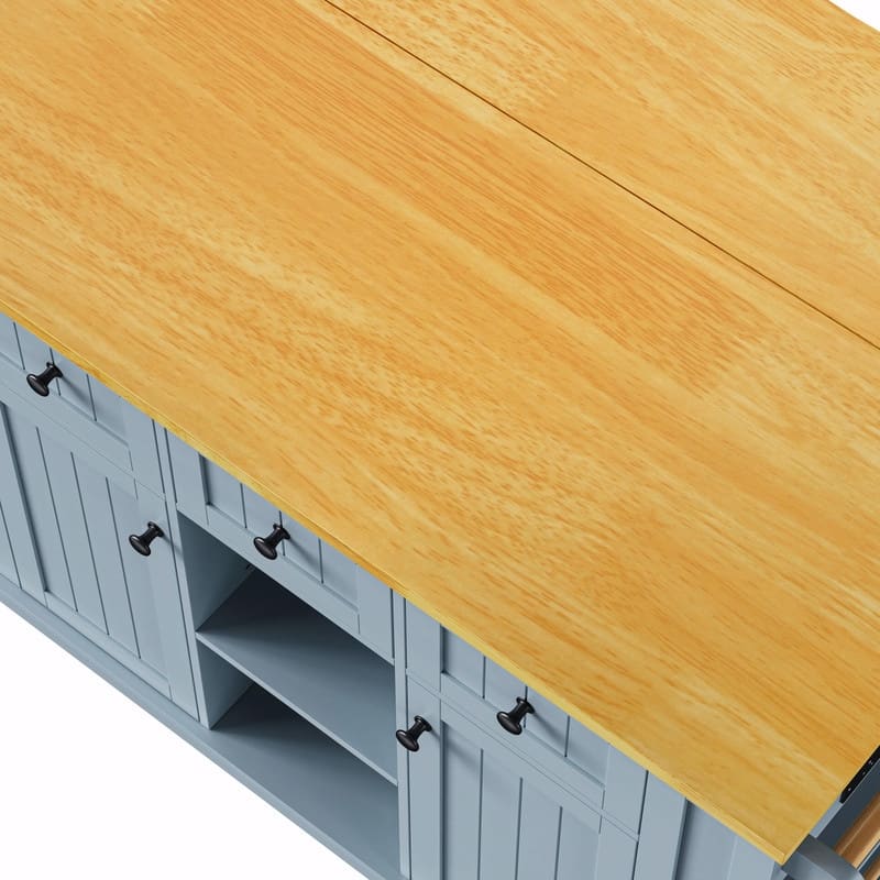 53" Rolling Kitchen Island with Drop Leaf, Power Outlet & Internal Door Storage, 5 Open Side Racks