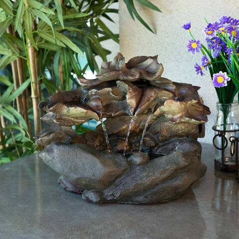 Alpine Corporation 10" Tall Cascading Leaf and Stone Indoor Tabletop Waterfall Fountain with LED Lights