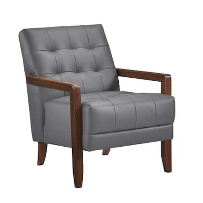 Modern Style Accent Chair Leather Upholstered Tufted Detail Walnut Finish Wood Furniture 1pc