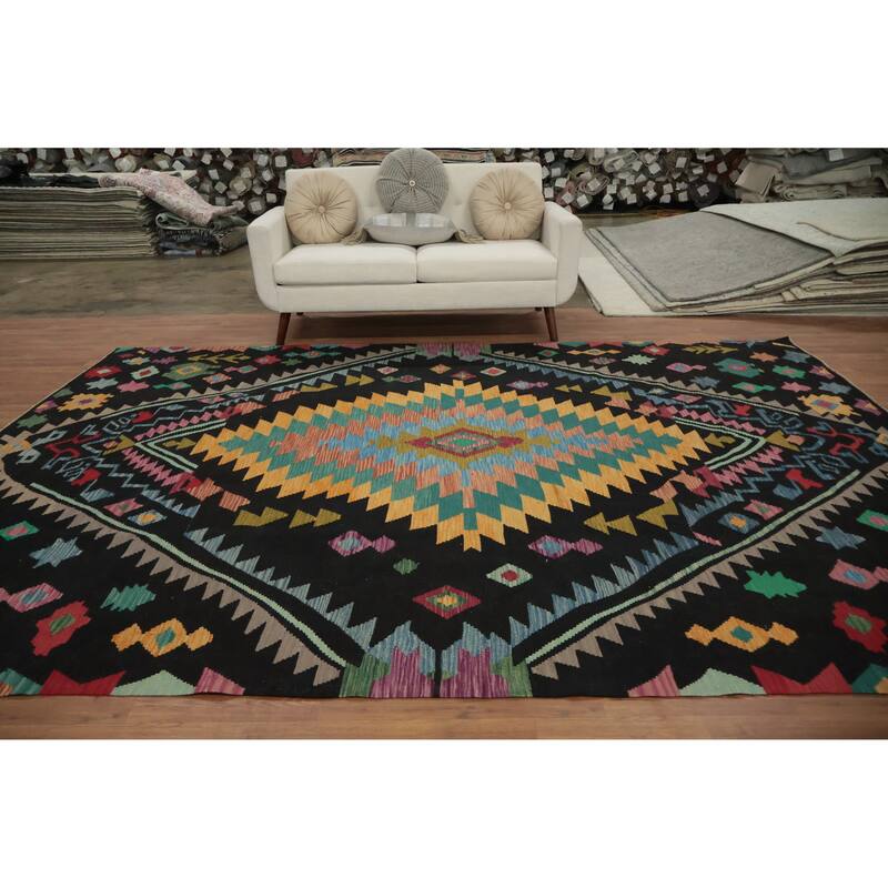 Hand Woven Oriental 100% Wool Carpet Southwestern Tribal Black Kilim Area Rug - 11' 6'' X 8' 2''