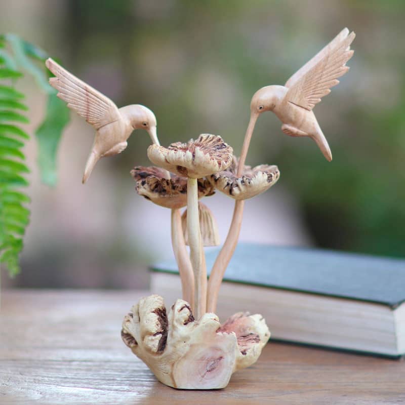 Novica Handmade Hummingbirds And Mushrooms Wood Sculpture