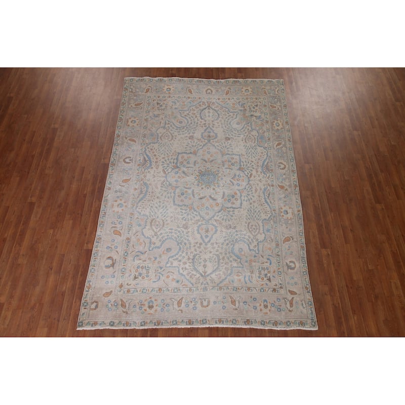 Antique Floral Distressed Tabriz Persian Rug Hand-knotted Wool Carpet - 6'8" x 10'0"