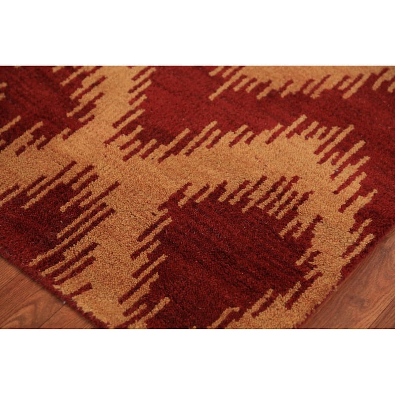 Hand Knotted Oriental 100% Wool Carpet Modern Geometric Red Moroccan Area Rug - 9' 7'' X 7' 11''