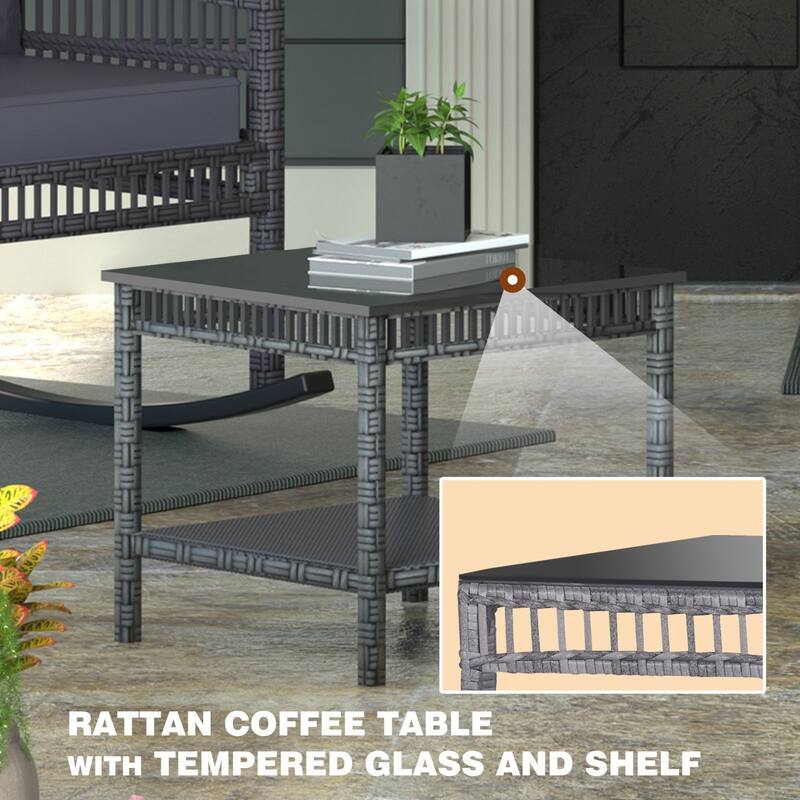 VEIKOUS 3-Piece Outdoor Wicker Patio Porch Rocking Chair and Rattan Coffee Table Set with Cushions and Pillows