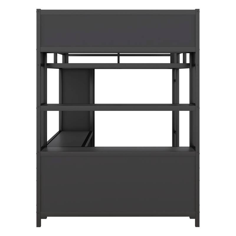 Black Full Size Metal Loft Bed with Wardrobe, L-shaped Desk, and Storage Cubes