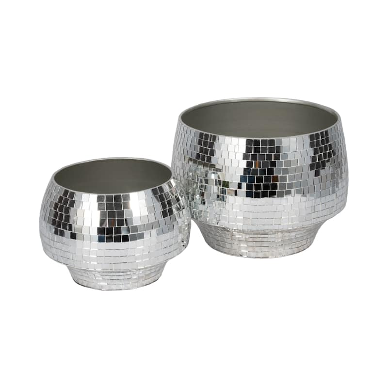 Sagebrook Home's Set of 2 Iron Curved Disco Mosaic Planters, 9/11-Inch, Dazzling Silver - 11" x 11" x 8"
