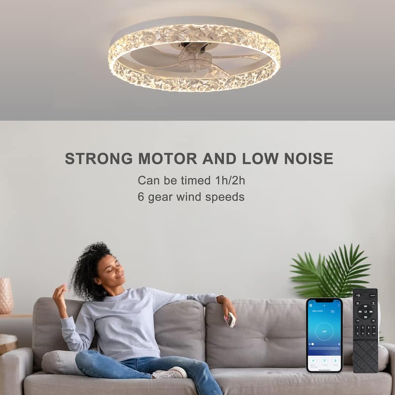 Acrylic Ceiling Fan Light with Remote Control, Dimmable LED Chandelier, 6-Speed Adjustable, Quiet Motor, Flush Mount Design