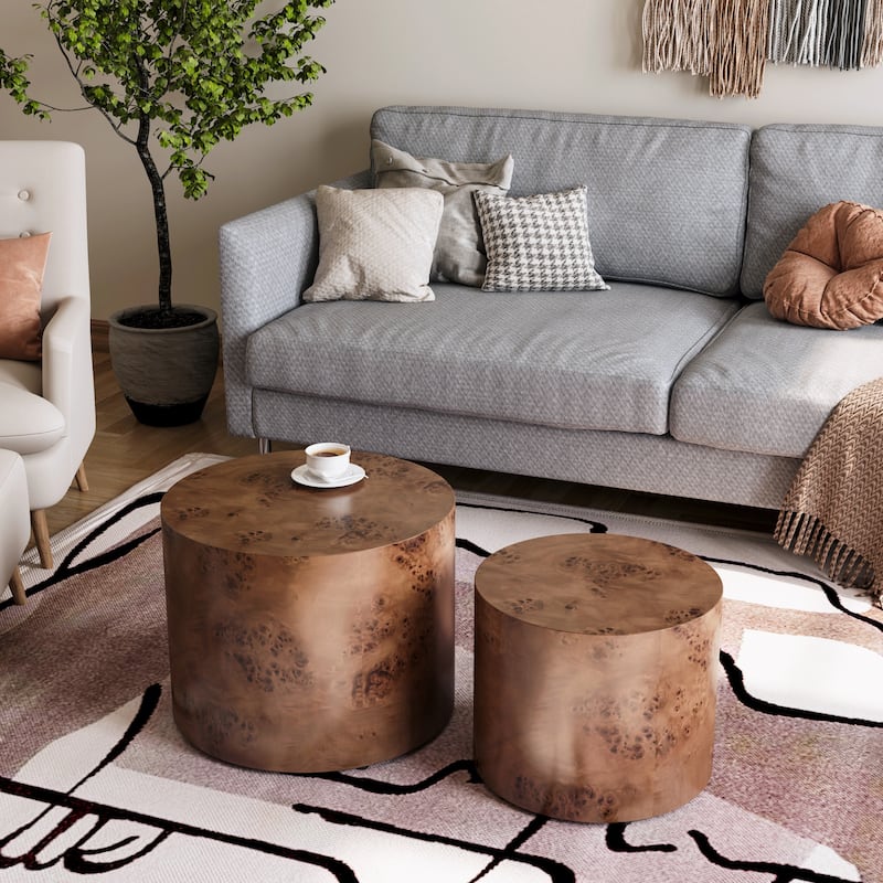 Nesting Coffee Table Set of 2, Modern Round Wooden Accent Tables, Space-Saving Circle Drum Side Tables