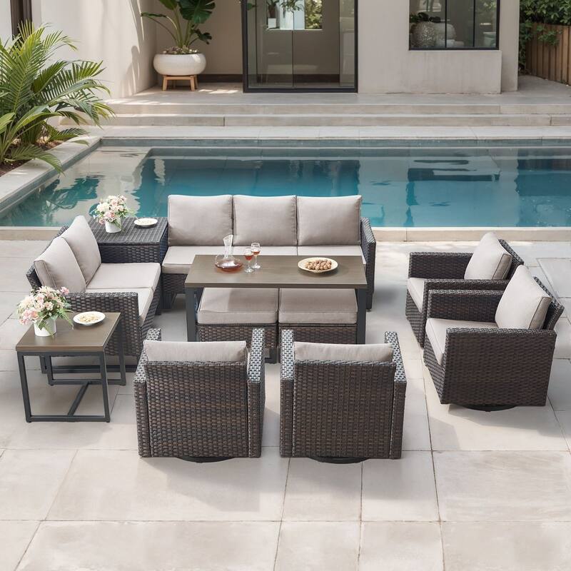Gymojoy 9 Person Outdoor Courtyard Wicker Family Conversation Set Group With Swivel Chairs And Storage - Brown Wicker / Beige Cusion - 11-Piece