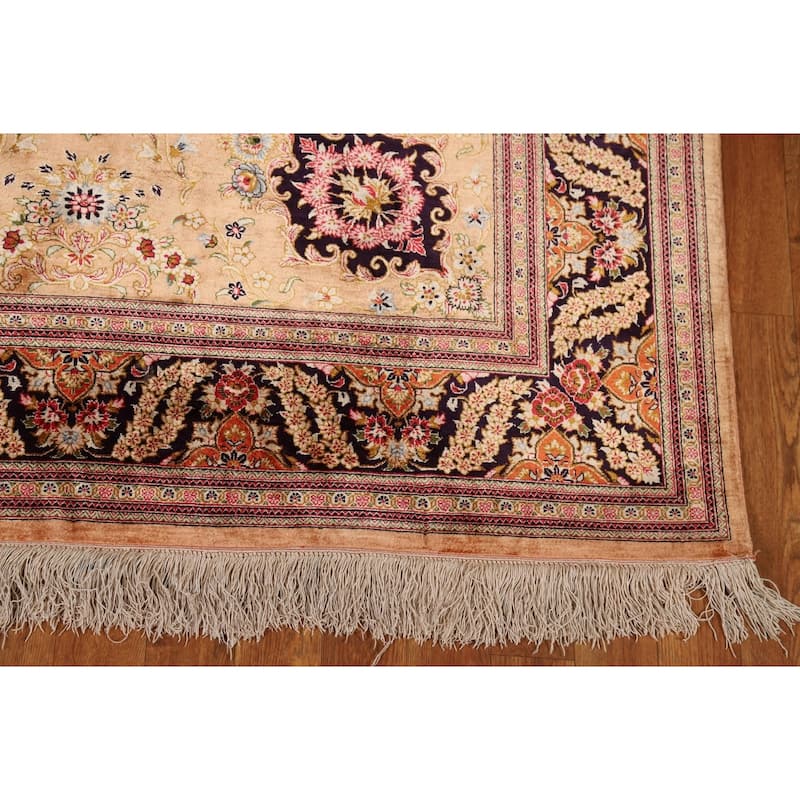 Handmade 100% Silk Geometric Qum Persian Rug Traditional Floral Carpet - 4'7"x 6'8"