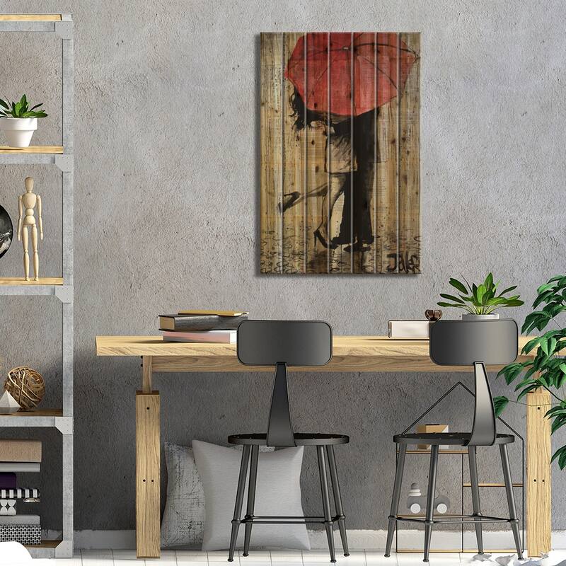 Red Umbrella Print On Wood by Loui Jover - Multi-Color
