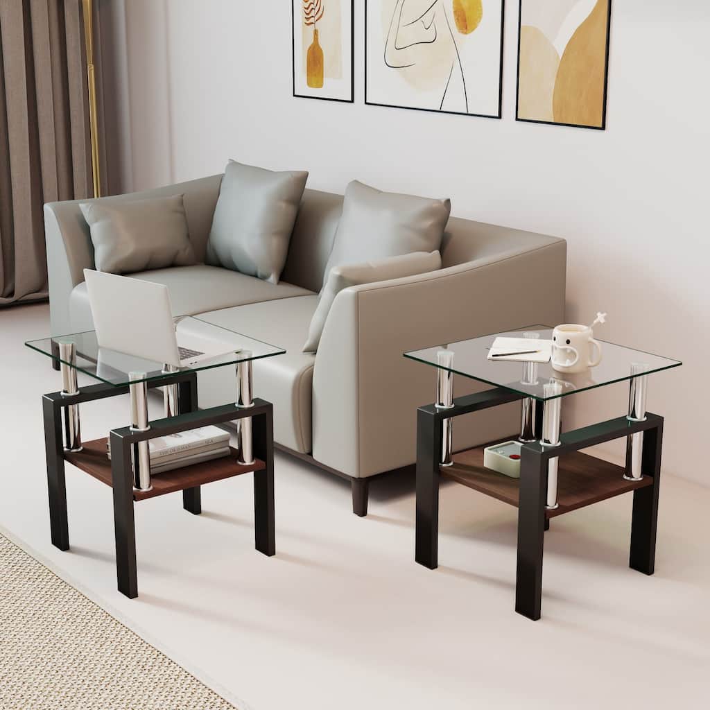 Set of 2 Modern Tempered Glass Tea Table,Tempered Glass Tabletop with MDF Layer,Coffee Table