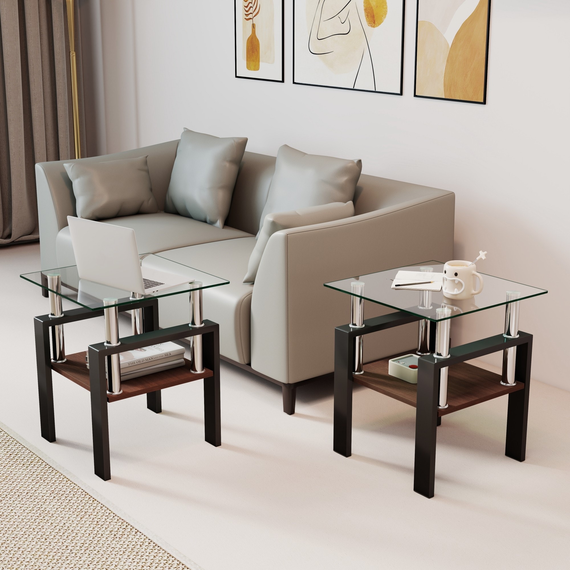 Set of 2 Modern Tempered Glass Tea Table,Tempered Glass Tabletop with MDF Layer,Coffee Table