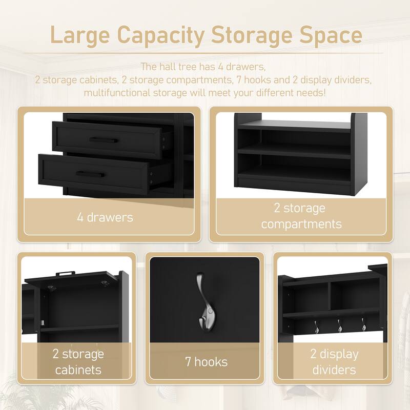 4-in-1 Detachable Coat Rack with Storage Drawers,7 Hooks and Cabinet