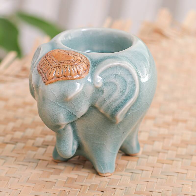 Novica Handmade Bright Elephant In Green Celadon Ceramic Tealight Holder
