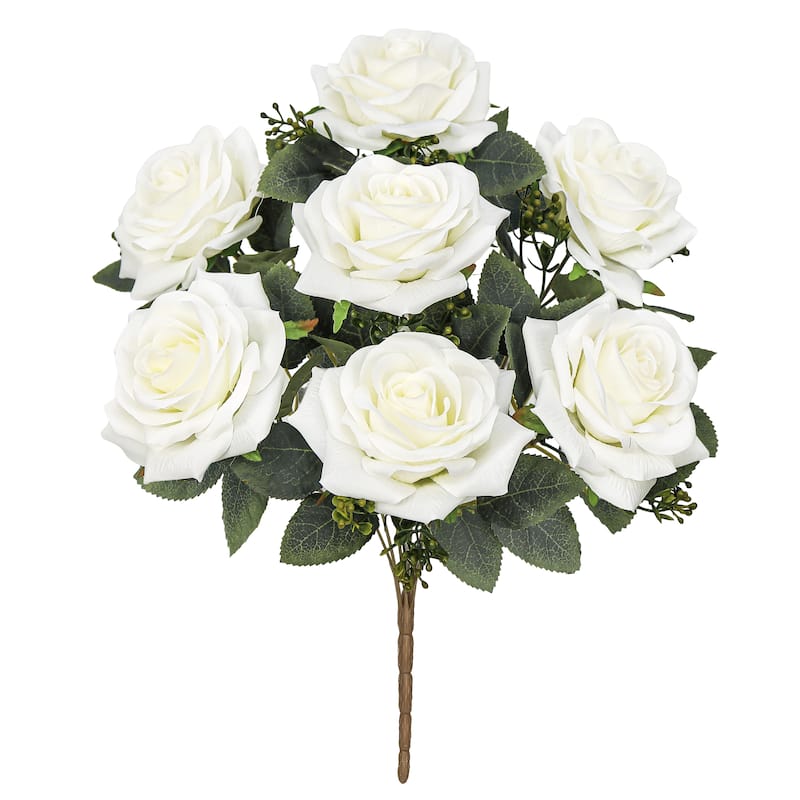 Set of 2 Cream White Artificial Queen Tea Rose Flower Stem Bush Bouquet 17in - 17" L x 9" W x 9" DP